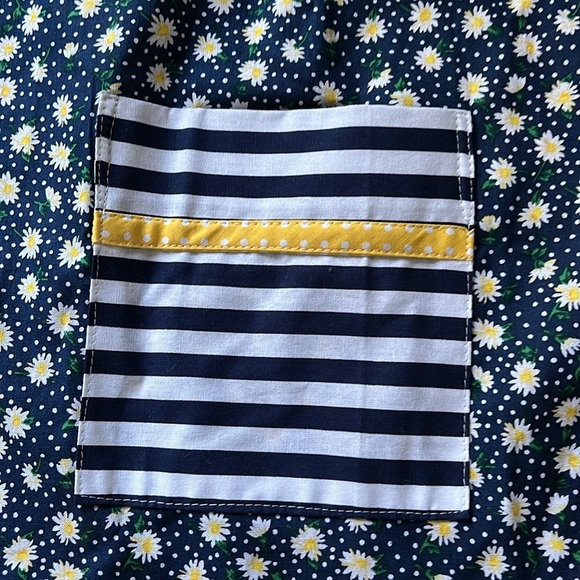 half apron blue white yellow floral daisy stripes polka dot pocket - Picture 2 of 6